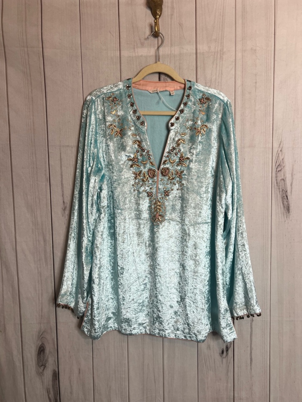 Soft Surroundings Aqua Crushed Velvet Moroccan Boho Beaded Embellished  Tunic